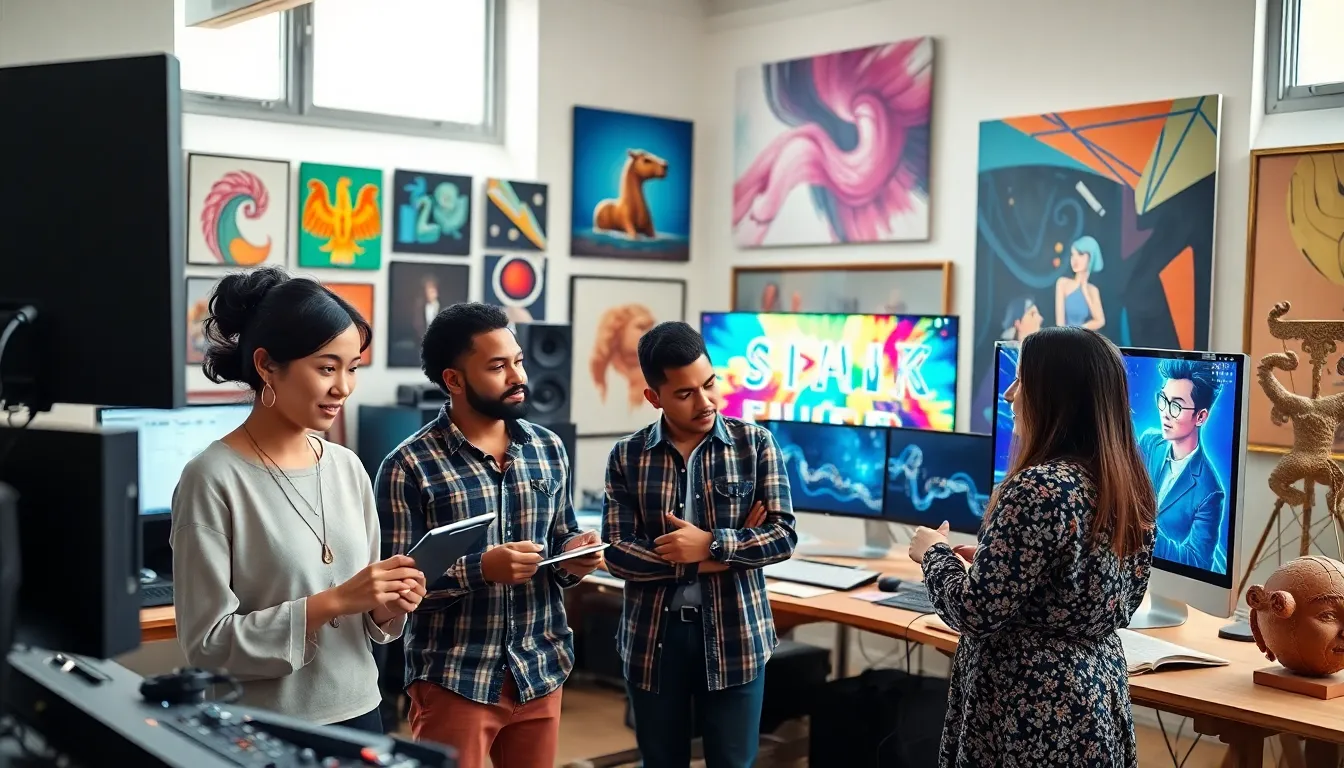 diverse artists collaborating in a modern studio setting with digital tools.