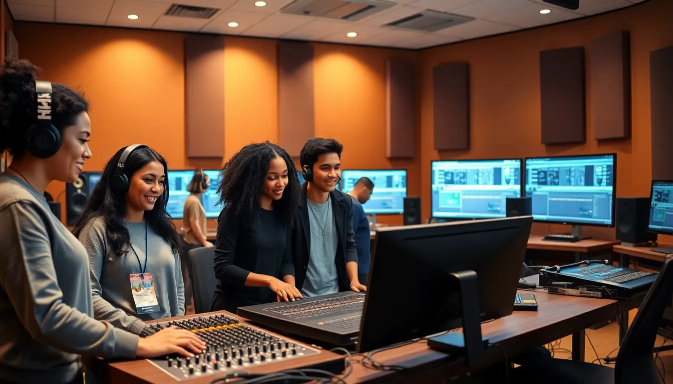 students collaborating in an audio technology classroom.