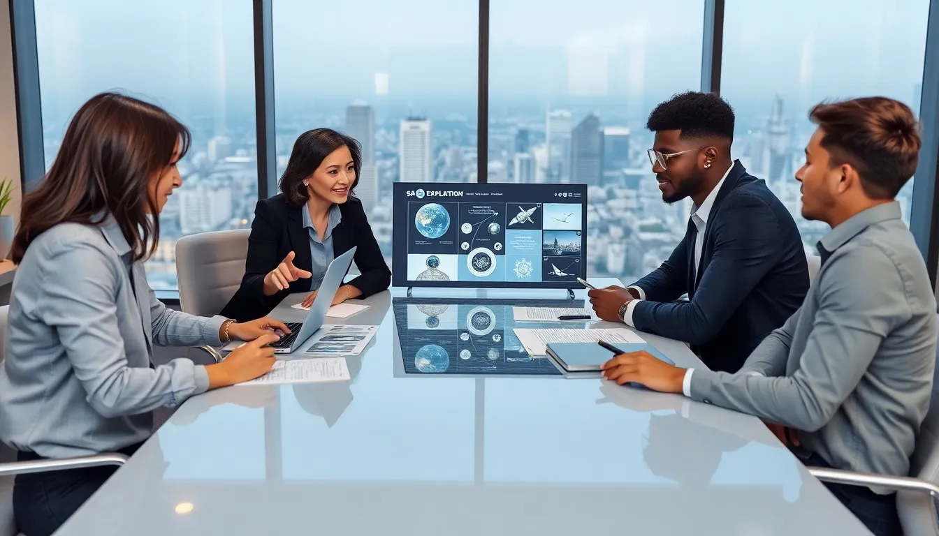 diverse professionals discussing space exploration in a modern office.