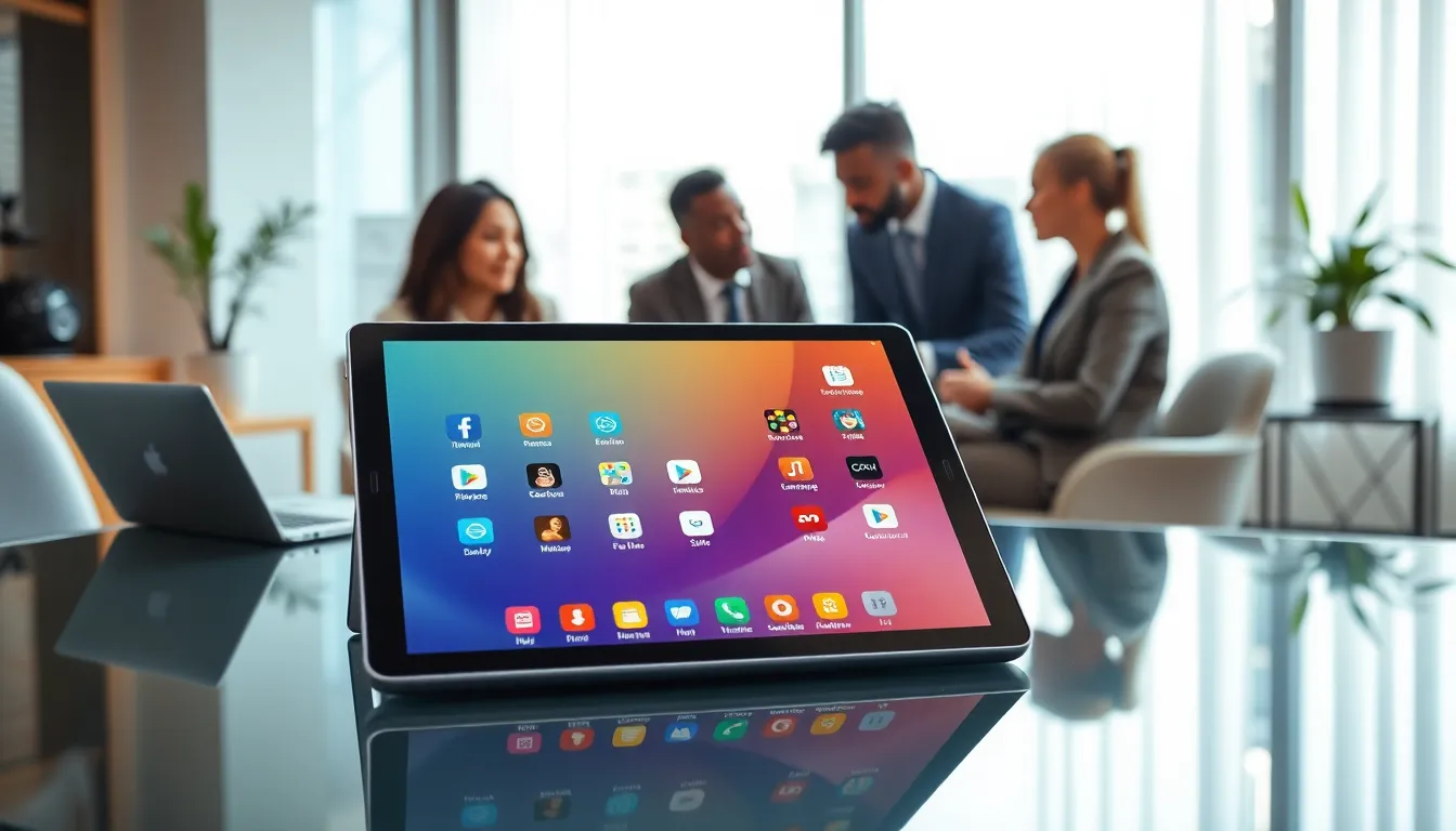 Samsung tablet showcased in a modern office setting with diverse professionals.