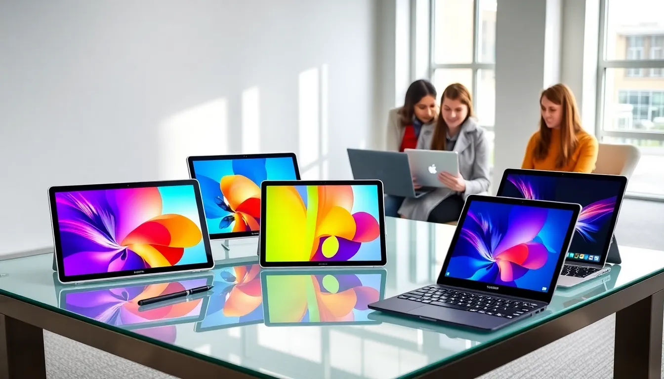 Samsung Galaxy tablets displayed on a modern glass table in an office setting.