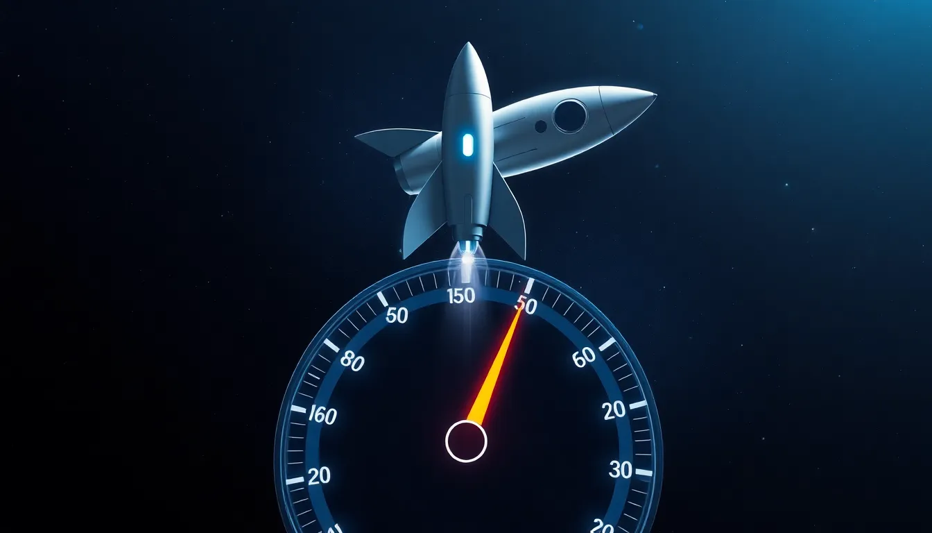 high-tech rocket above a digital speedometer showing space travel speeds.