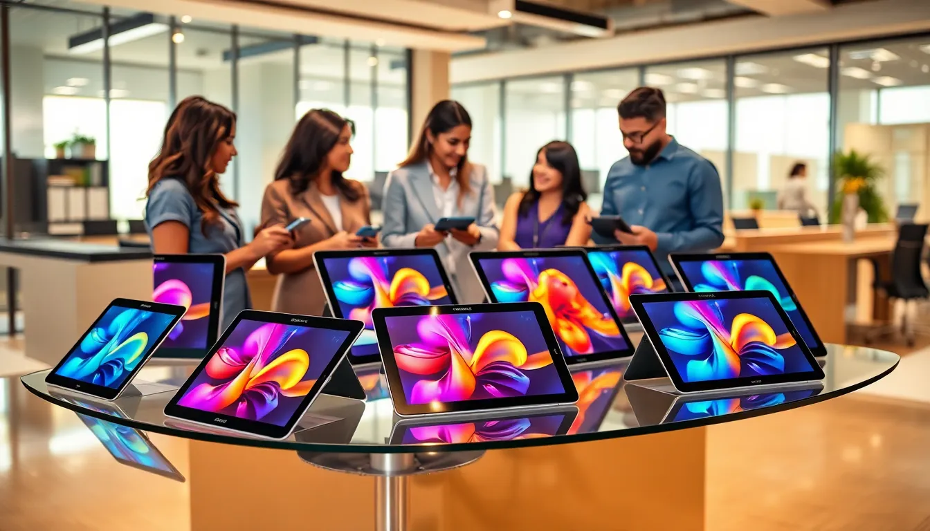 A variety of Samsung tablets displayed in a modern office setting.