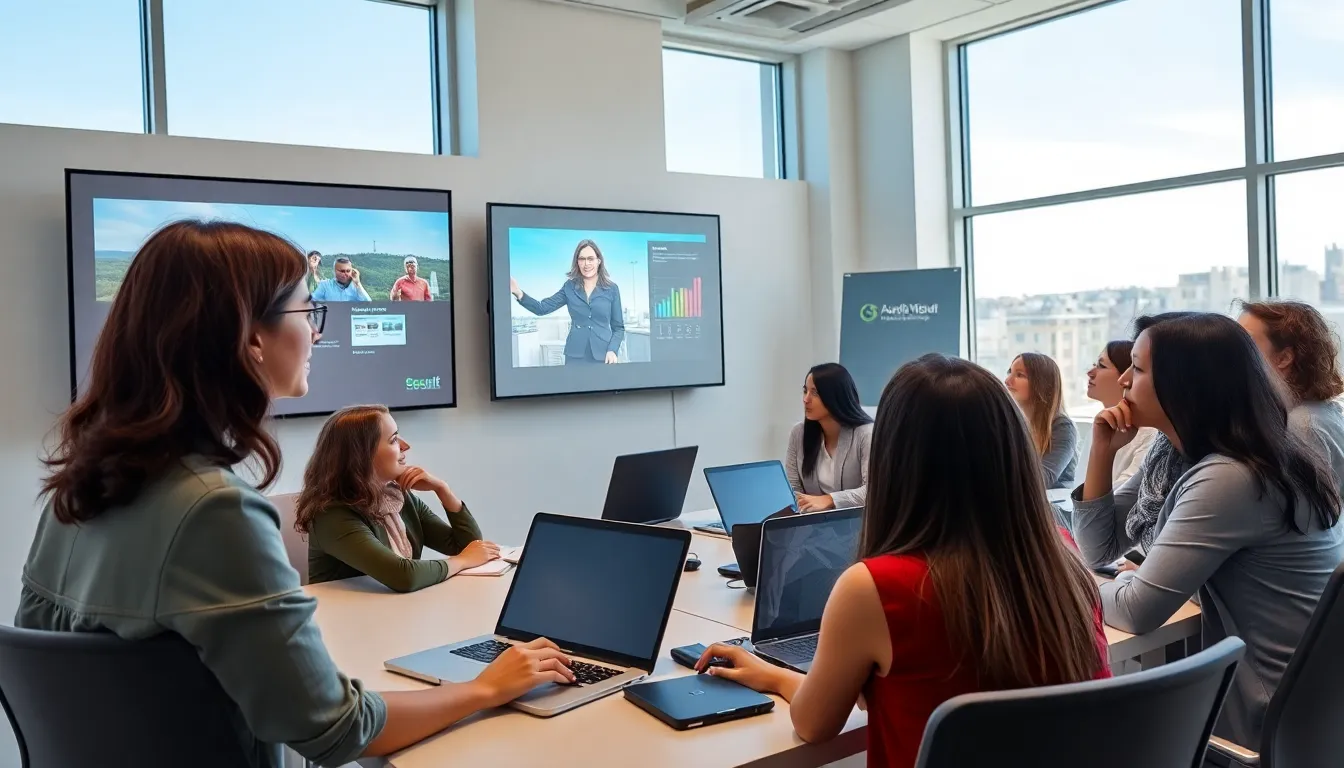 diverse educators presenting audio visual technology in a modern classroom.