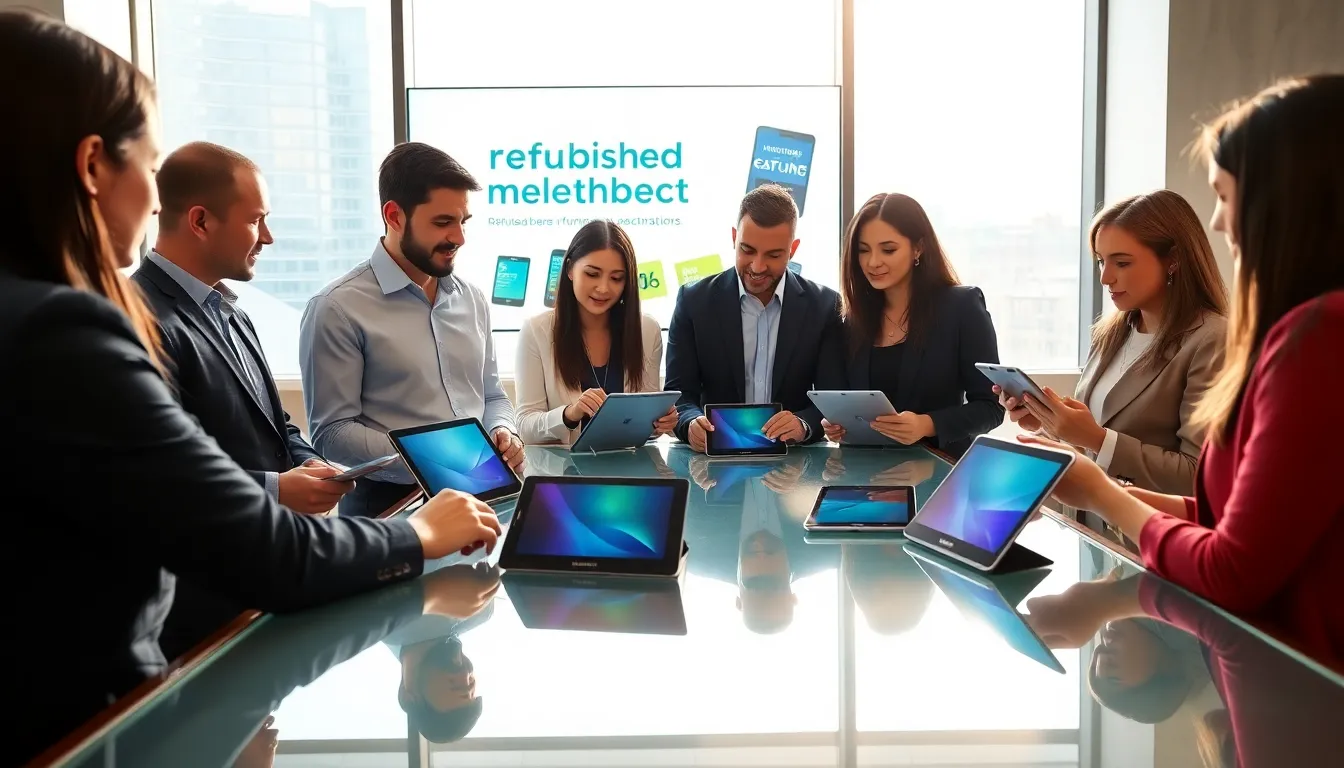 professionals discussing refurbished Samsung tablets in a modern office.