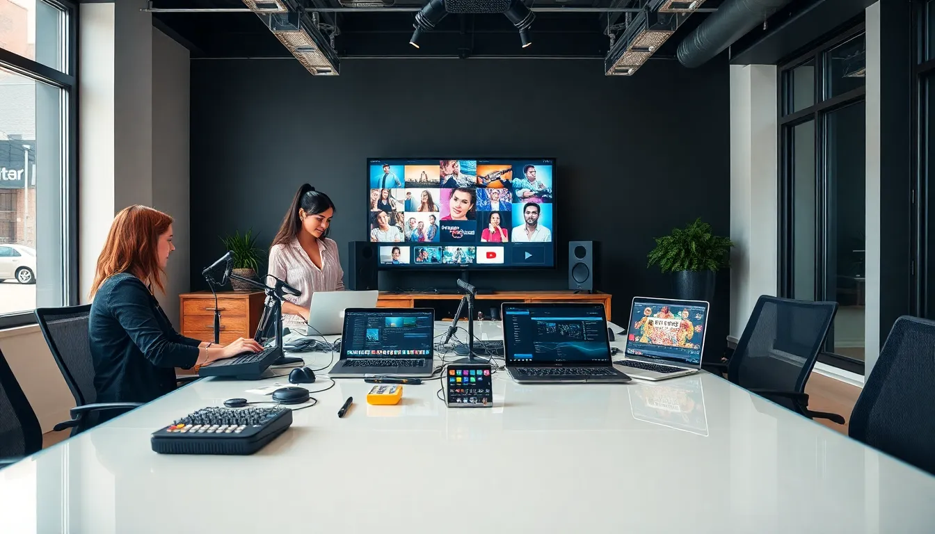 professionals collaborating on audio/video technology in a modern studio.