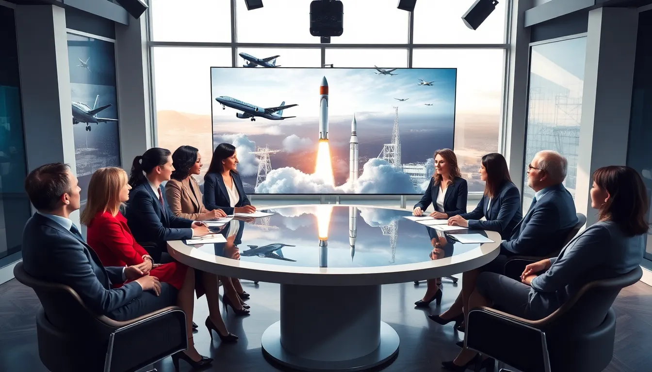 diverse team discussing aviation and space technology in a modern workspace.